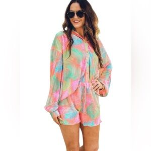 Jess Lea Malibu Sunset pleated short and top coord resort wear vibrant neons. LG